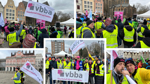 Bildcollage mit den Streikteilnehmern in Rostock