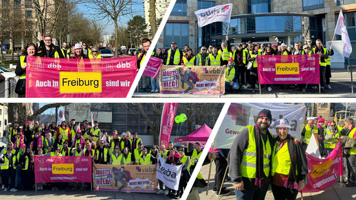 Eine Bildcollage aus vier Bildern mit den Streikteilnehmern der vbba Landesgruppe Baden-Württemberg