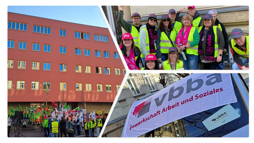 Bildcollage aus drei Bildern vom Streik im Dresden. Groß im Bild die Teilnehmer der Landesgruppe Dresden und ein Auto mit vbba Fahne.