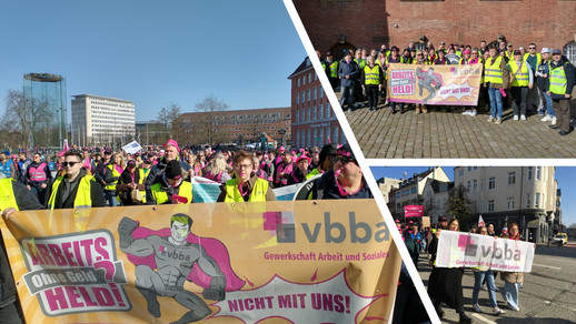 Eine Fotocollage mit Bildern der vbba Streikteilnehmer in Kiel. Groß zu sehen das Banner "Arbeitsheld! Ohne Geld?"