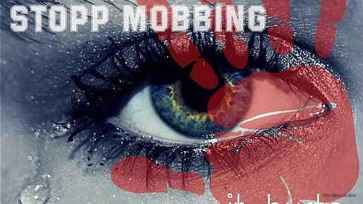 Auge mit einer Träne, darüber steht Stopp Mobbing, darunter it hurt´s