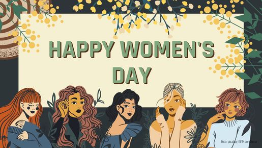 Grafik mit 5 unterschiedlichen Frauen, darüber der Schriftzug "Happy Women´s Day"