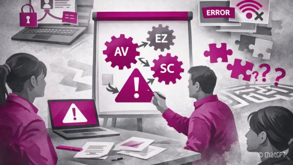 Auf der KI erstellten Grafik sind drei Personen an einem Schreibtisch vor einem Flipchart zu sehen.