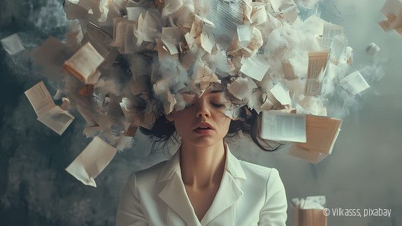 Frau mit rauchendem Kopf und umherfliegenden Blättern